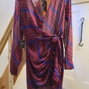 Burgundy striped ruched and knotted mini dress